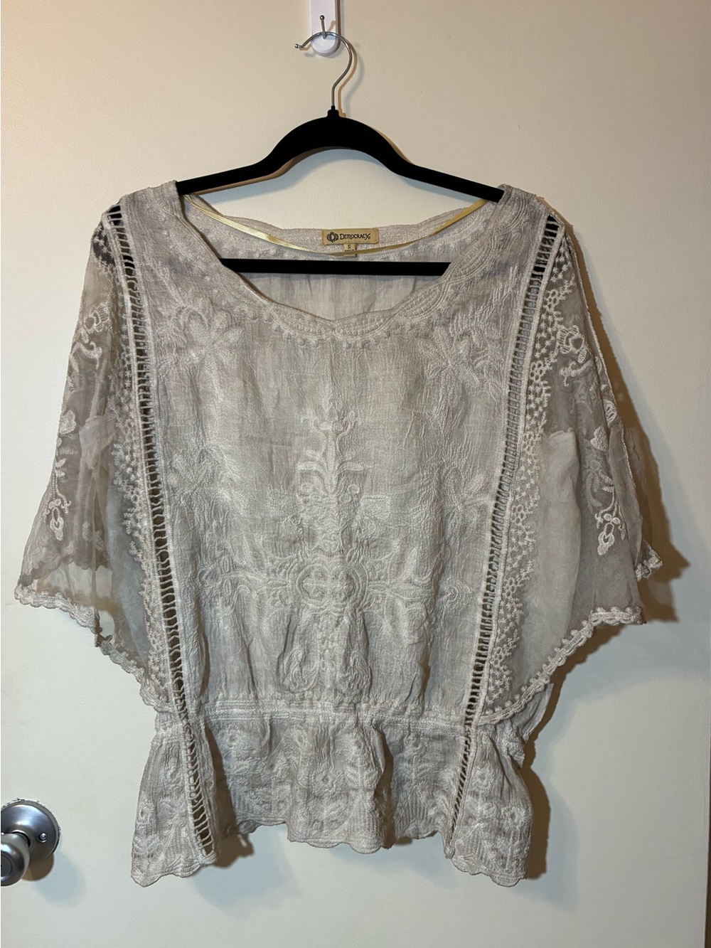 Democracy Mineral Wash 100% Cotton Crochet Embroidered Peasant Blouse Top Boho S